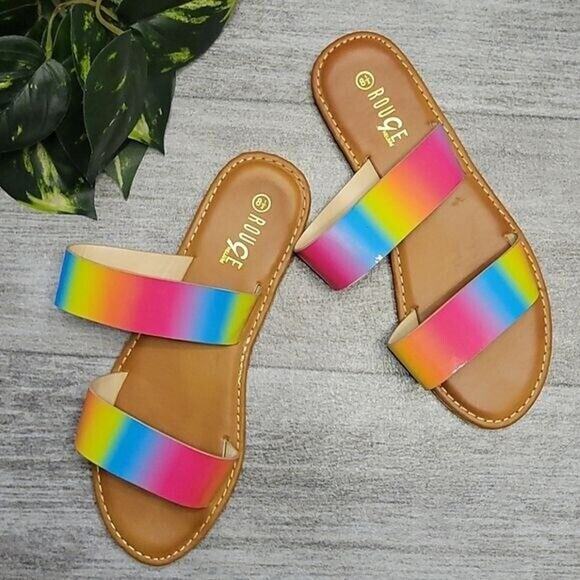 Rouge Ombre Rainbow Strappy Open Toe Slip-on Slide Sandals Women's 8.5 - Picture 1 of 9